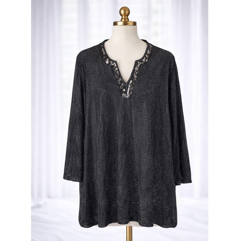 Ulla Popken Party Top Black Sequin‎ Neckline Silver Metallic Shimmer Size 26 28